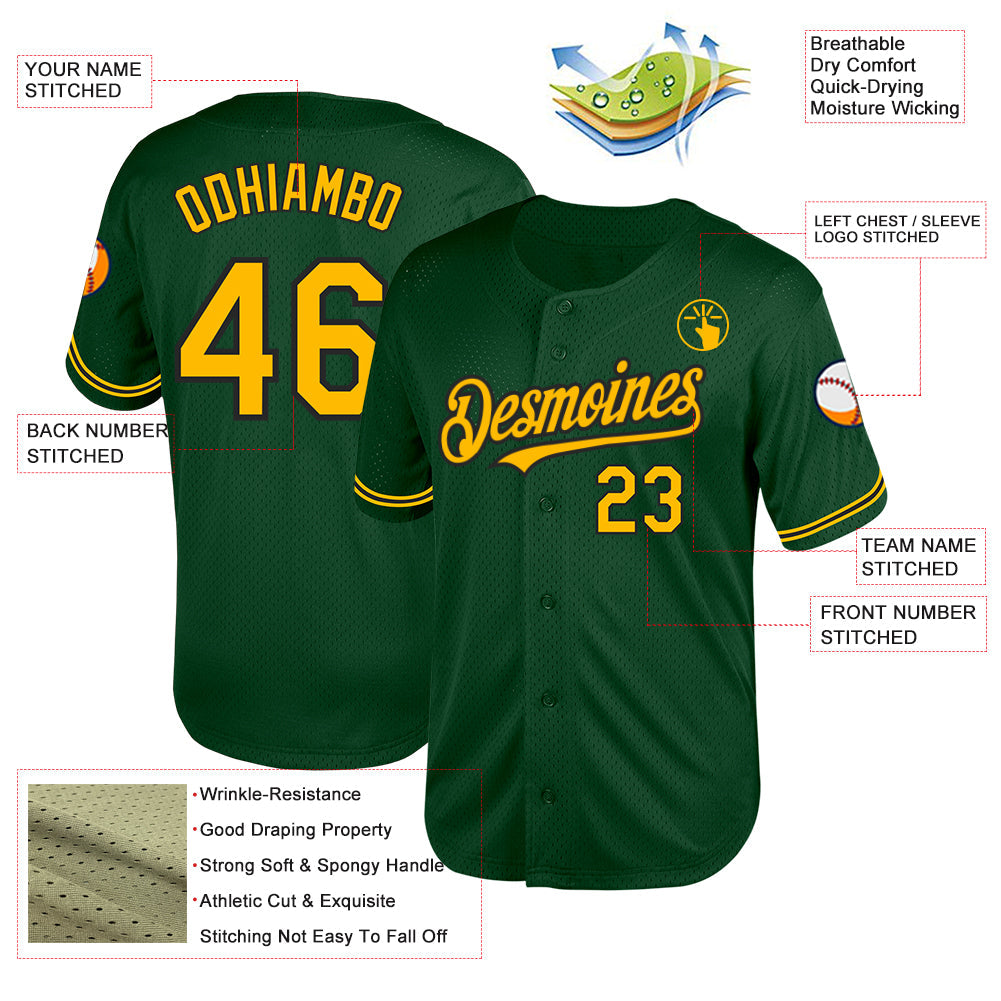 Custom Green Gold-Black Mesh Authentic Throwback Baseball Jersey view 3