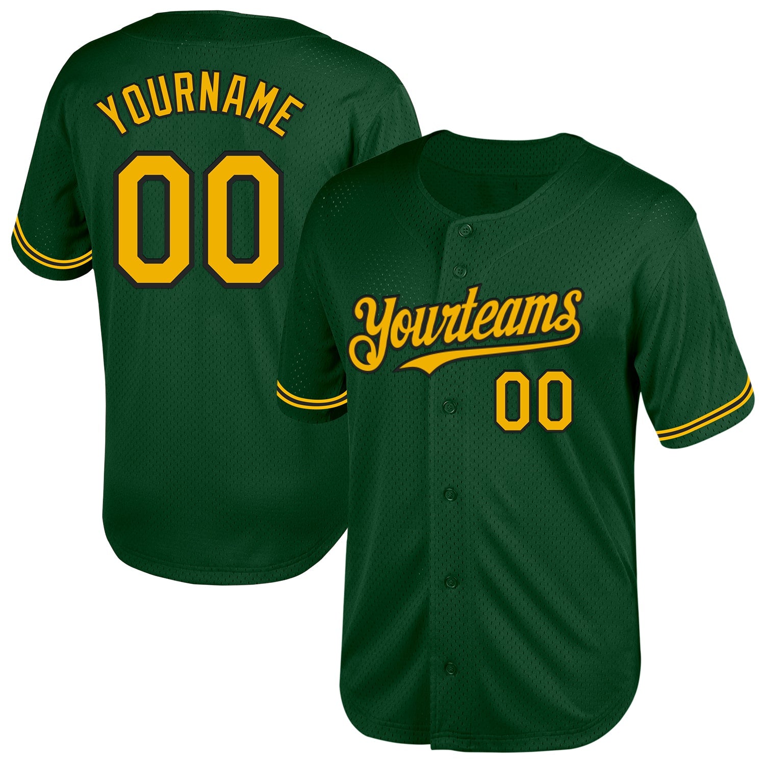 Custom Green Gold-Black Mesh Authentic Throwback Baseball Jersey - Main View