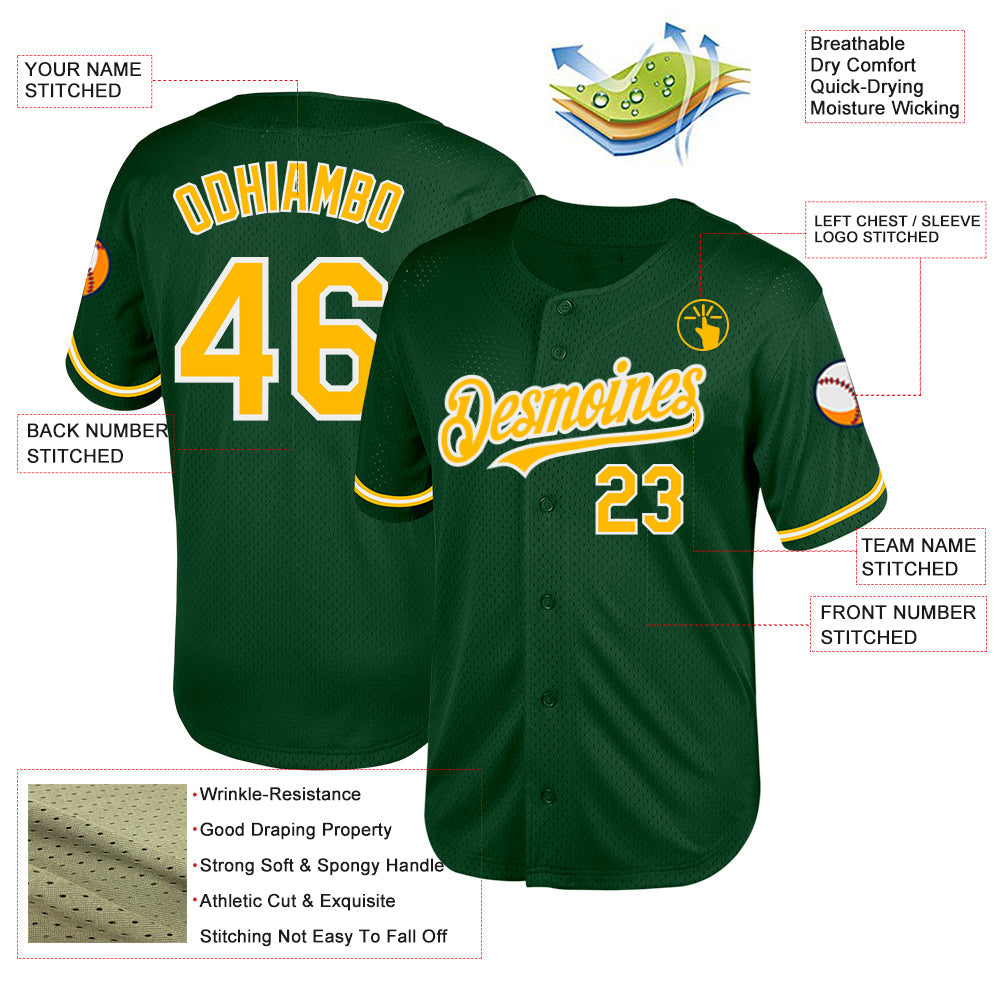 Custom Green Gold-White Mesh Authentic Throwback Baseball Jersey view 3