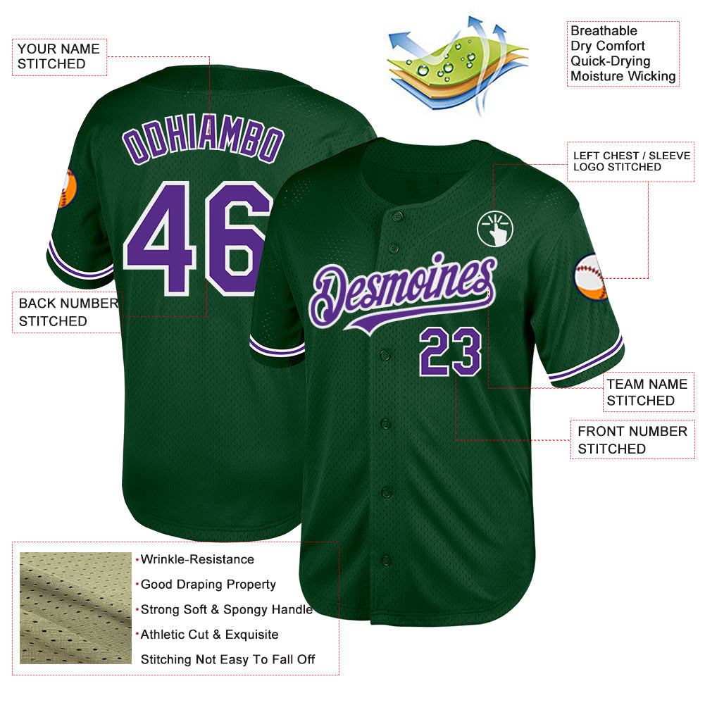 Custom Green Purple-White Mesh Authentic Throwback Baseball Jersey view 3