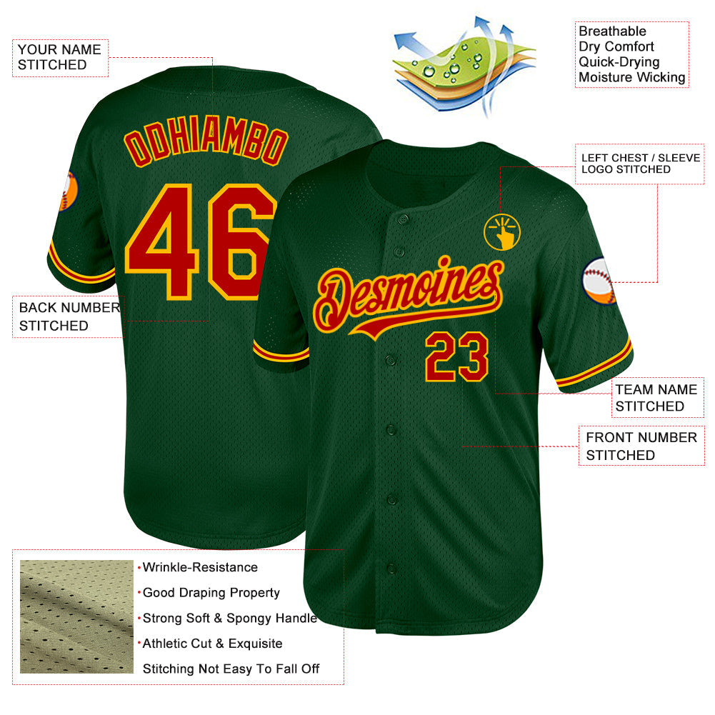 Custom Green Red-Gold Mesh Authentic Throwback Baseball Jersey view 3