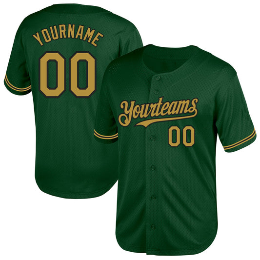 Custom Green Old Gold-Black Mesh Authentic Throwback Baseball Jersey - Main View
