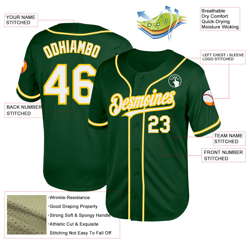 Custom Green White-Yellow Mesh Authentic Throwback Baseball Jersey view 3