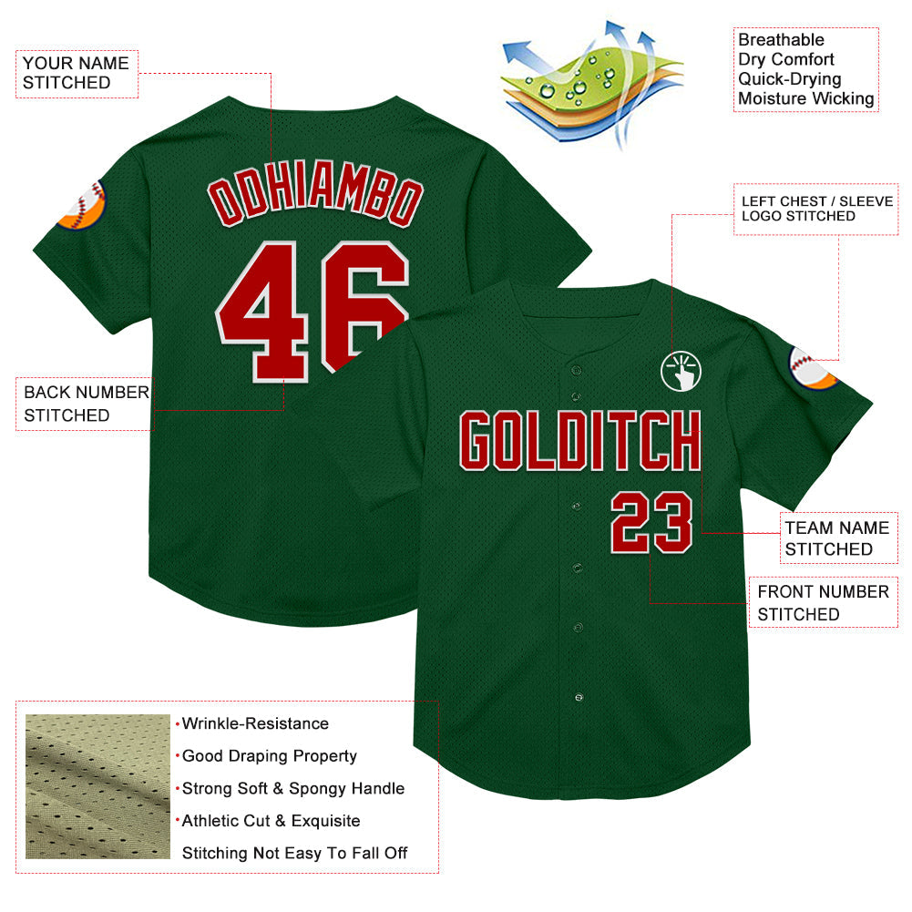Custom Green Red-White Mesh Authentic Throwback Baseball Jersey view 3