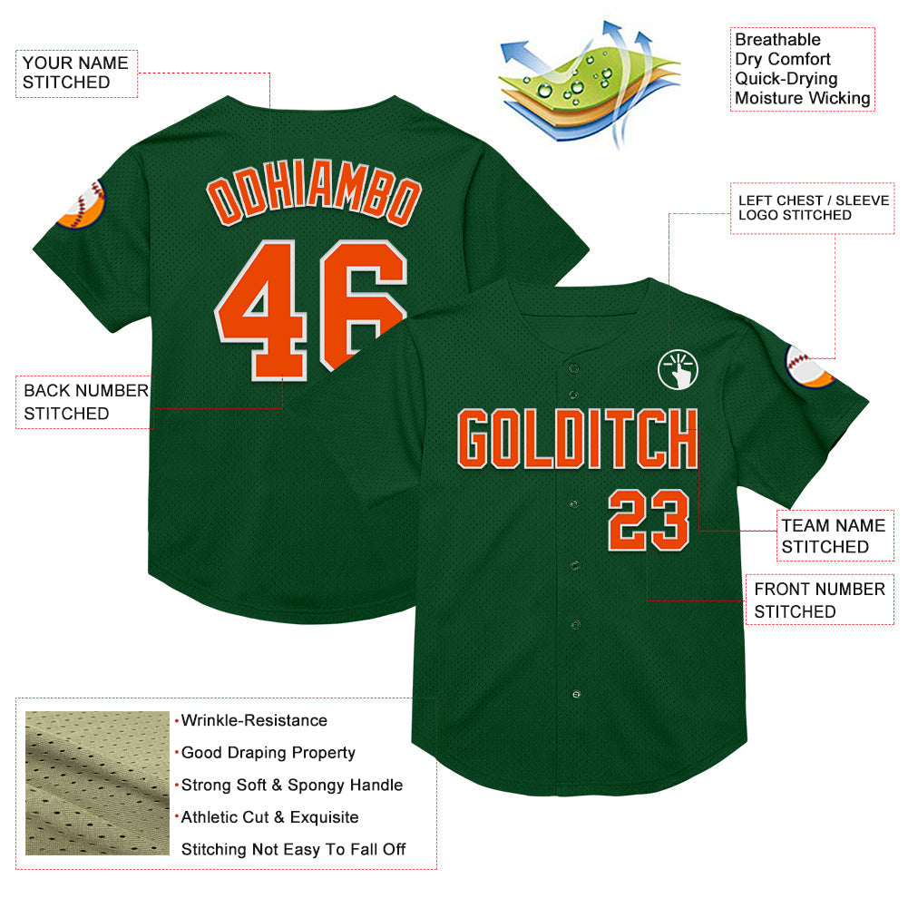 Custom Green Orange-White Mesh Authentic Throwback Baseball Jersey view 3