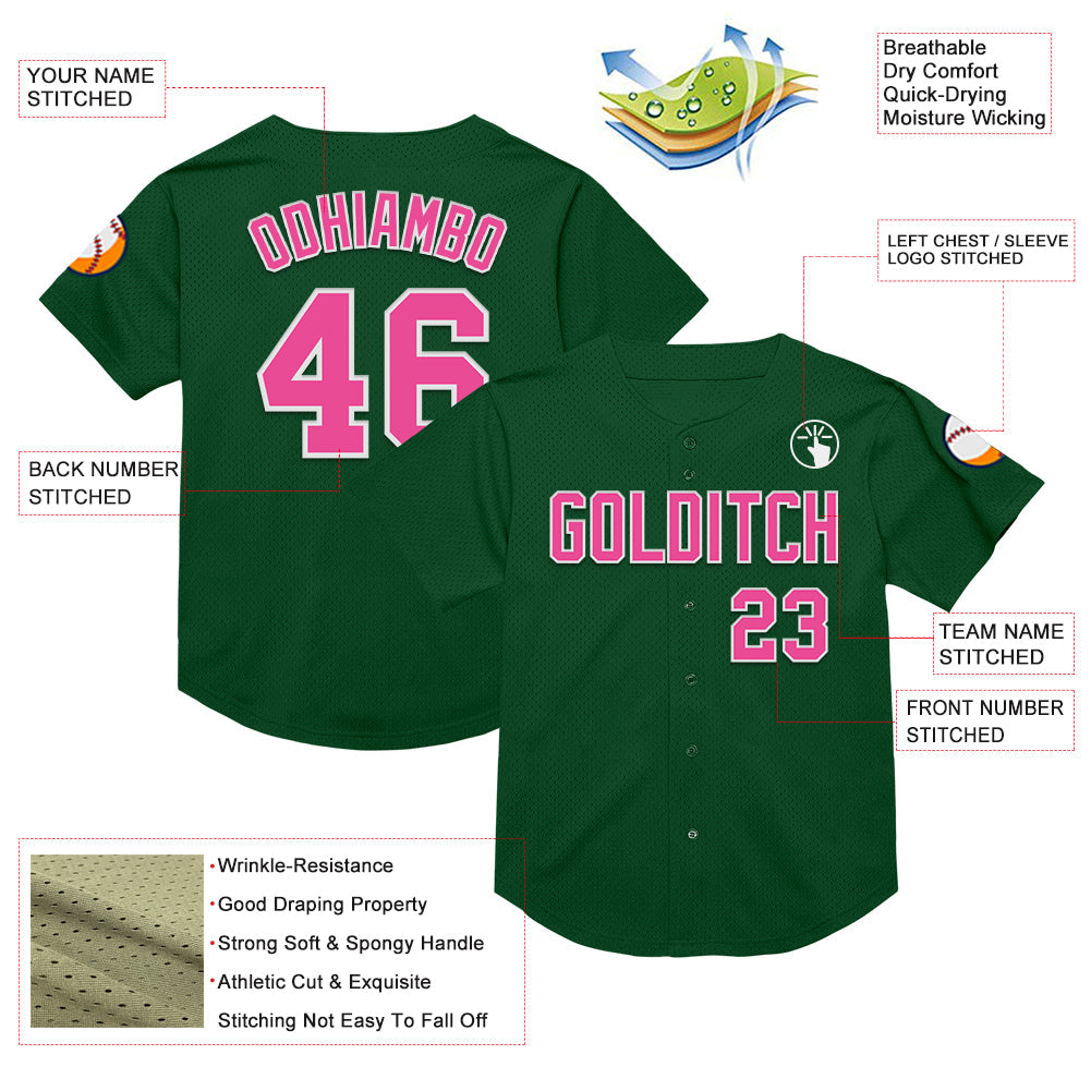 Custom Green Pink-White Mesh Authentic Throwback Baseball Jersey view 3