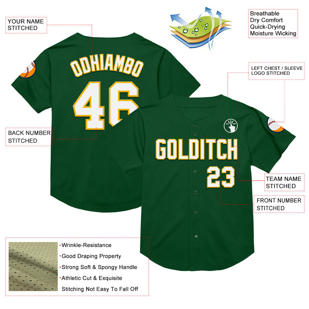Custom Green White-Gold Mesh Authentic Throwback Baseball Jersey view 3