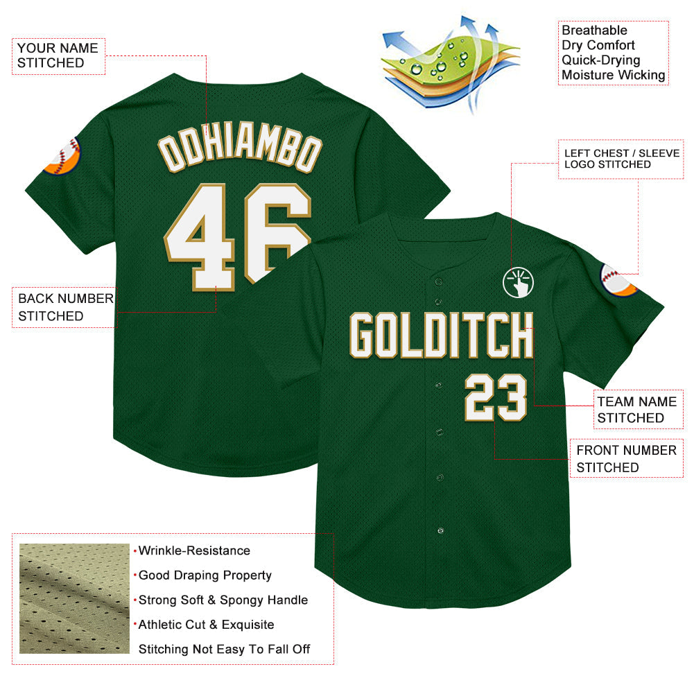Custom Green White-Old Gold Mesh Authentic Throwback Baseball Jersey view 3