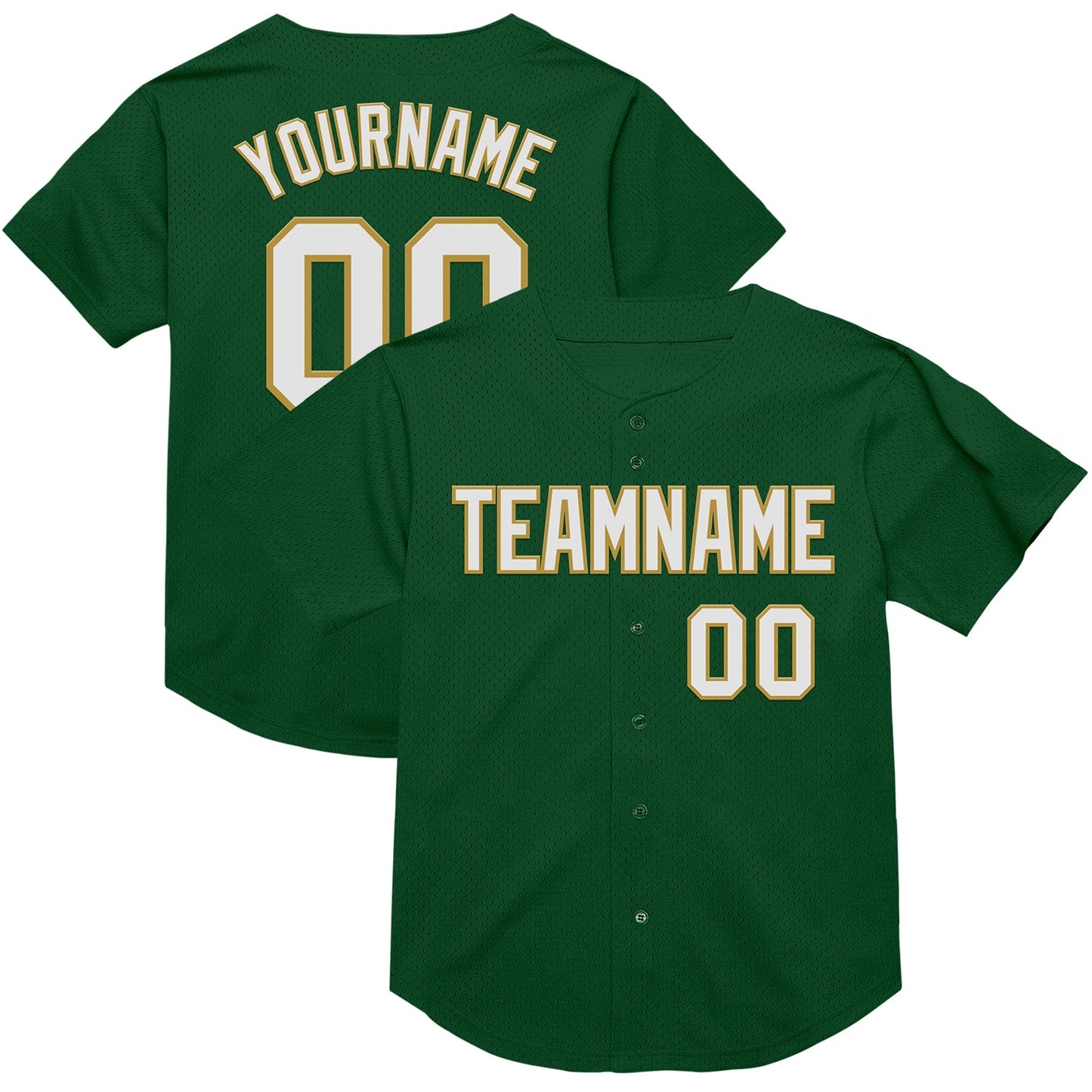 Custom Green White-Old Gold Mesh Authentic Throwback Baseball Jersey - Main View