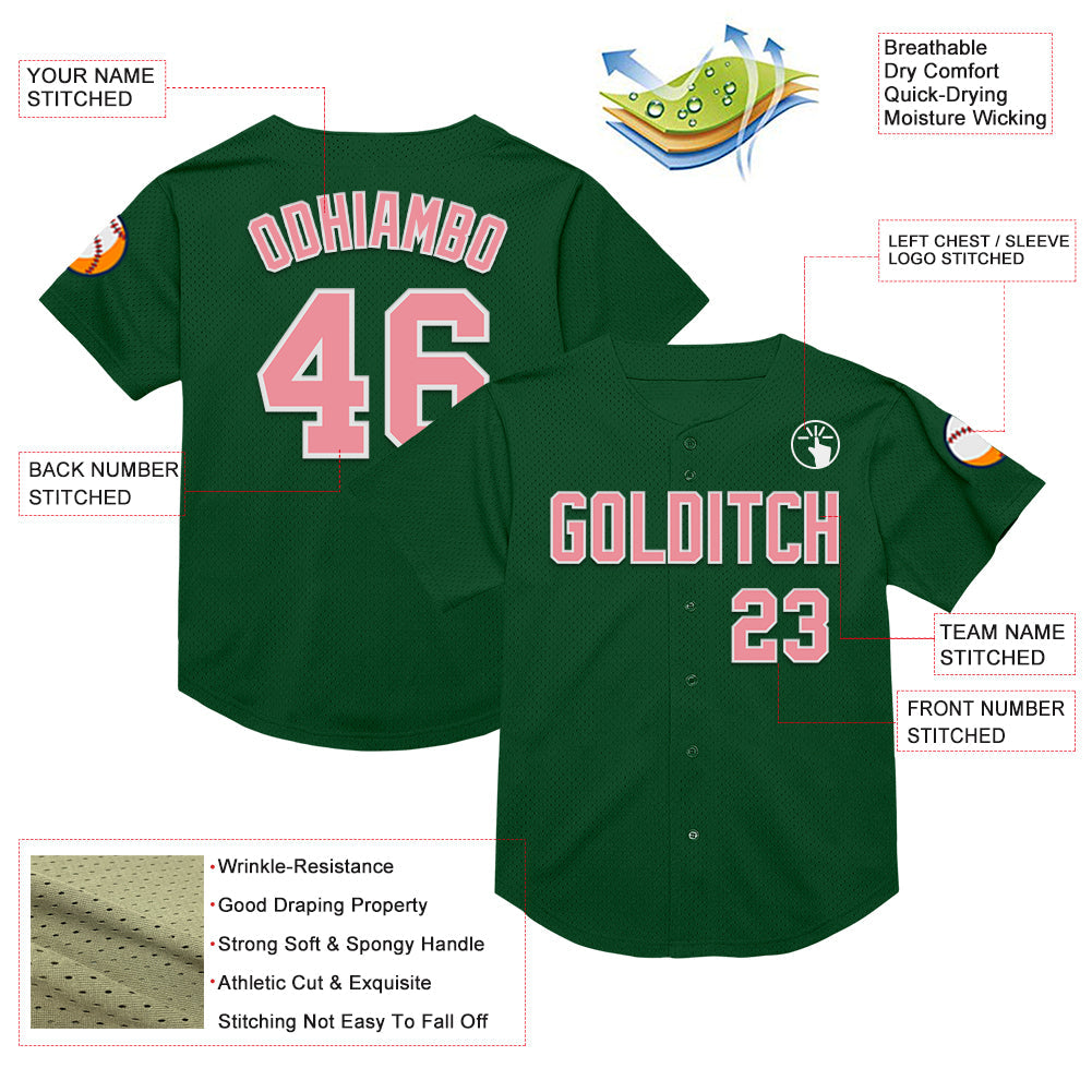 Custom Green Medium Pink-White Mesh Authentic Throwback Baseball Jersey view 3