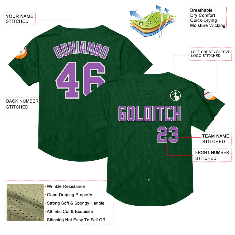 Custom Green Medium Purple-White Mesh Authentic Throwback Baseball Jersey view 3