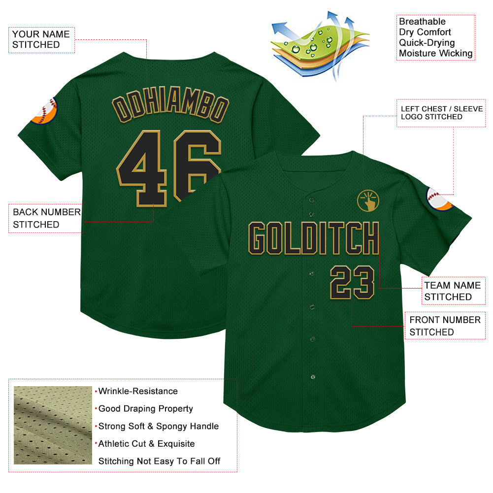 Custom Green Black-Old Gold Mesh Authentic Throwback Baseball Jersey view 3