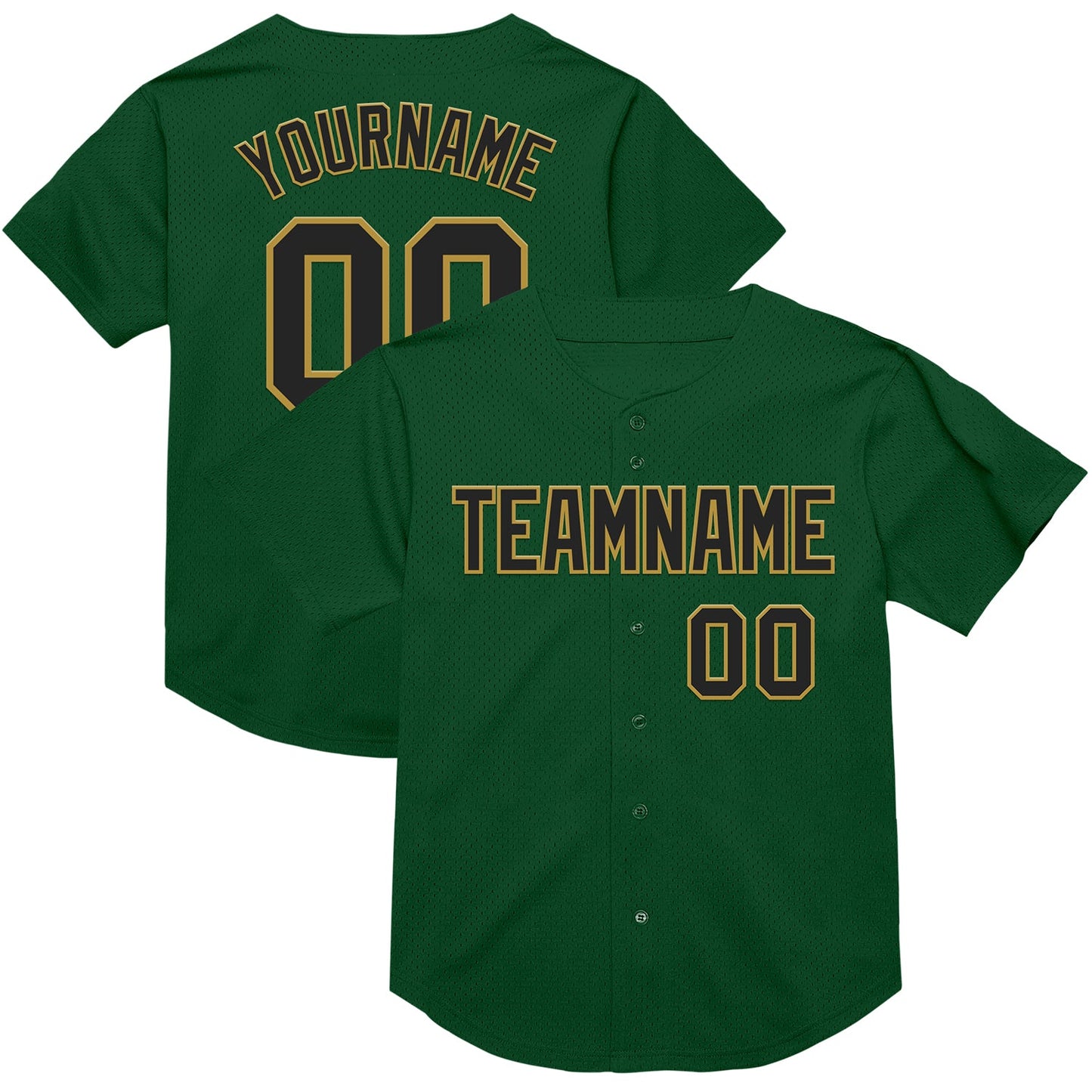 Custom Green Black-Old Gold Mesh Authentic Throwback Baseball Jersey - Main View