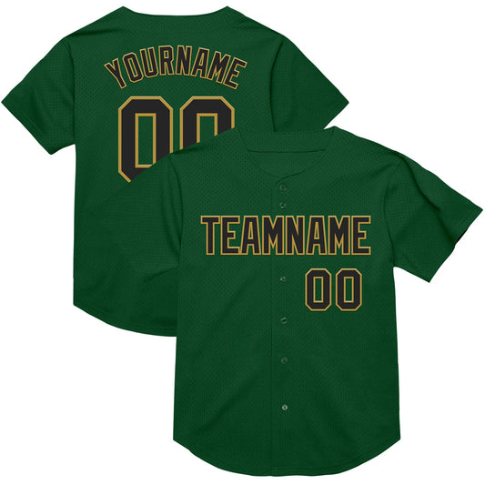 Custom Green Black-Old Gold Mesh Authentic Throwback Baseball Jersey - Main View