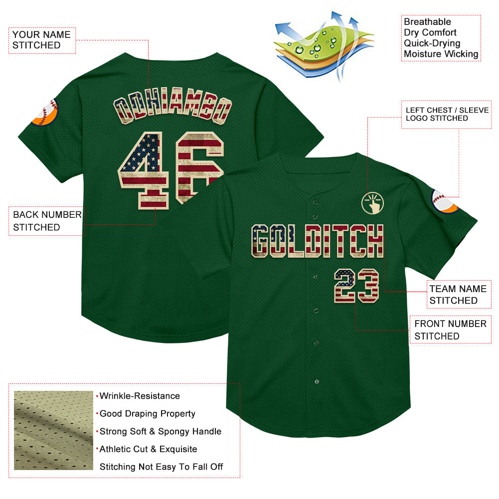Custom Green Vintage USA Flag-Cream Mesh Authentic Throwback Baseball Jersey view 3