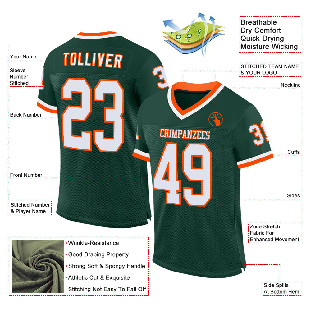 Custom Green White-Orange Mesh Authentic Throwback Football Jersey view 2