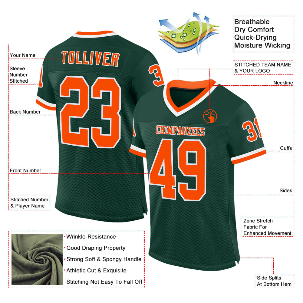 Custom Green Orange-White Mesh Authentic Throwback Football Jersey view 2
