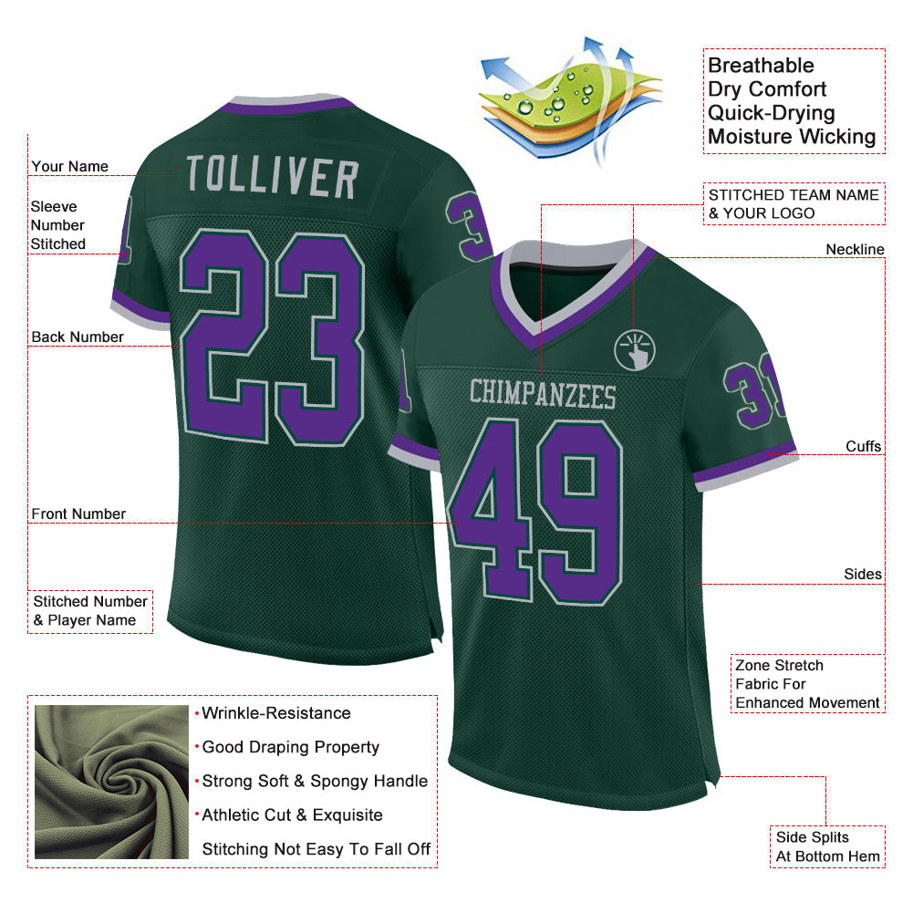 Custom Green Purple-Gray Mesh Authentic Throwback Football Jersey view 2