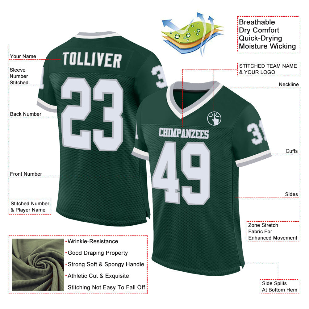 Custom Green White-Gray Mesh Authentic Throwback Football Jersey view 2