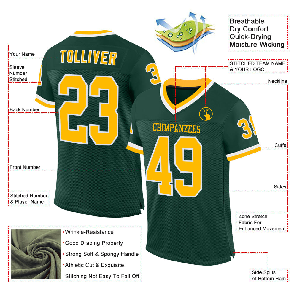 Custom Green Gold-White Mesh Authentic Throwback Football Jersey view 2