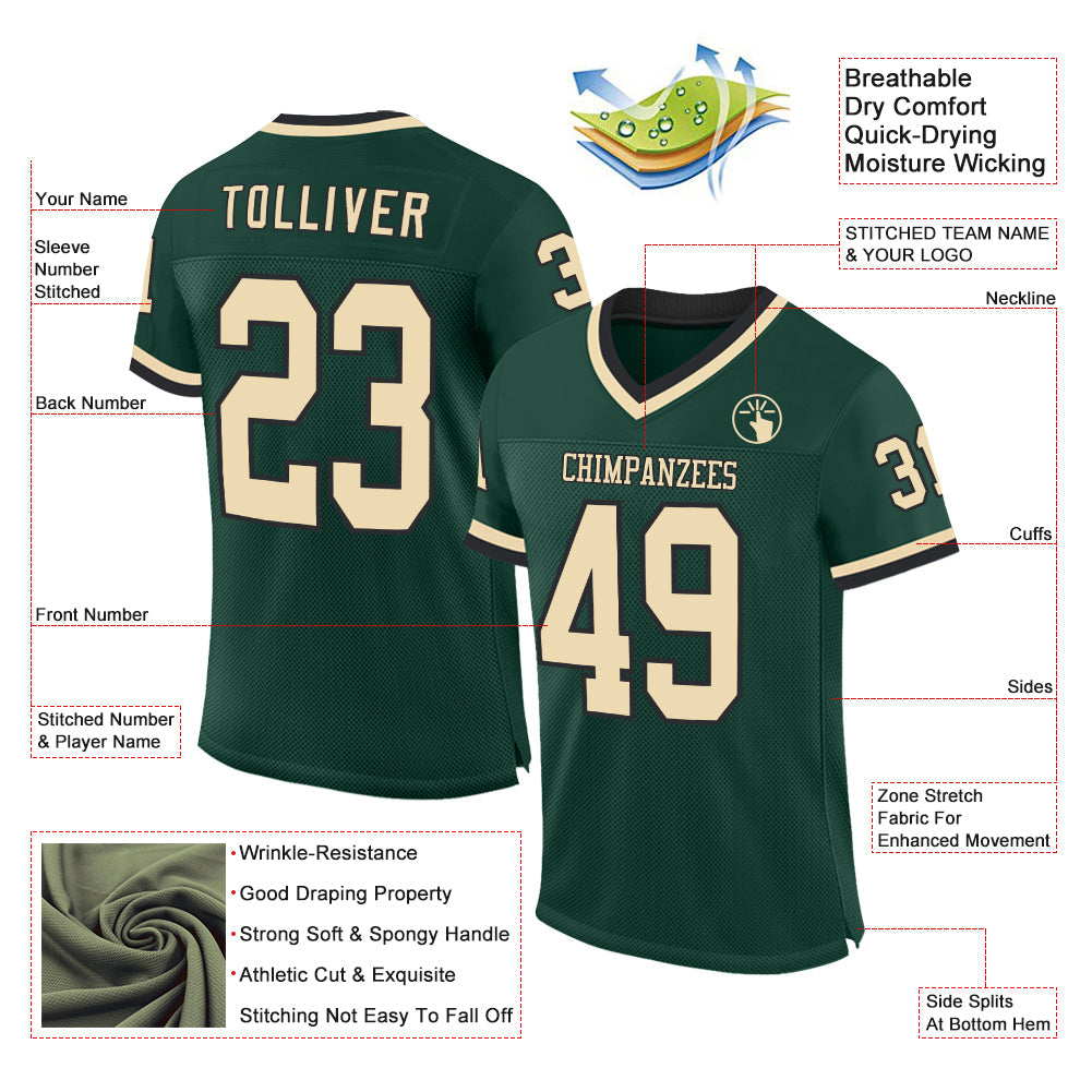 Custom Green Cream-Black Mesh Authentic Throwback Football Jersey view 2