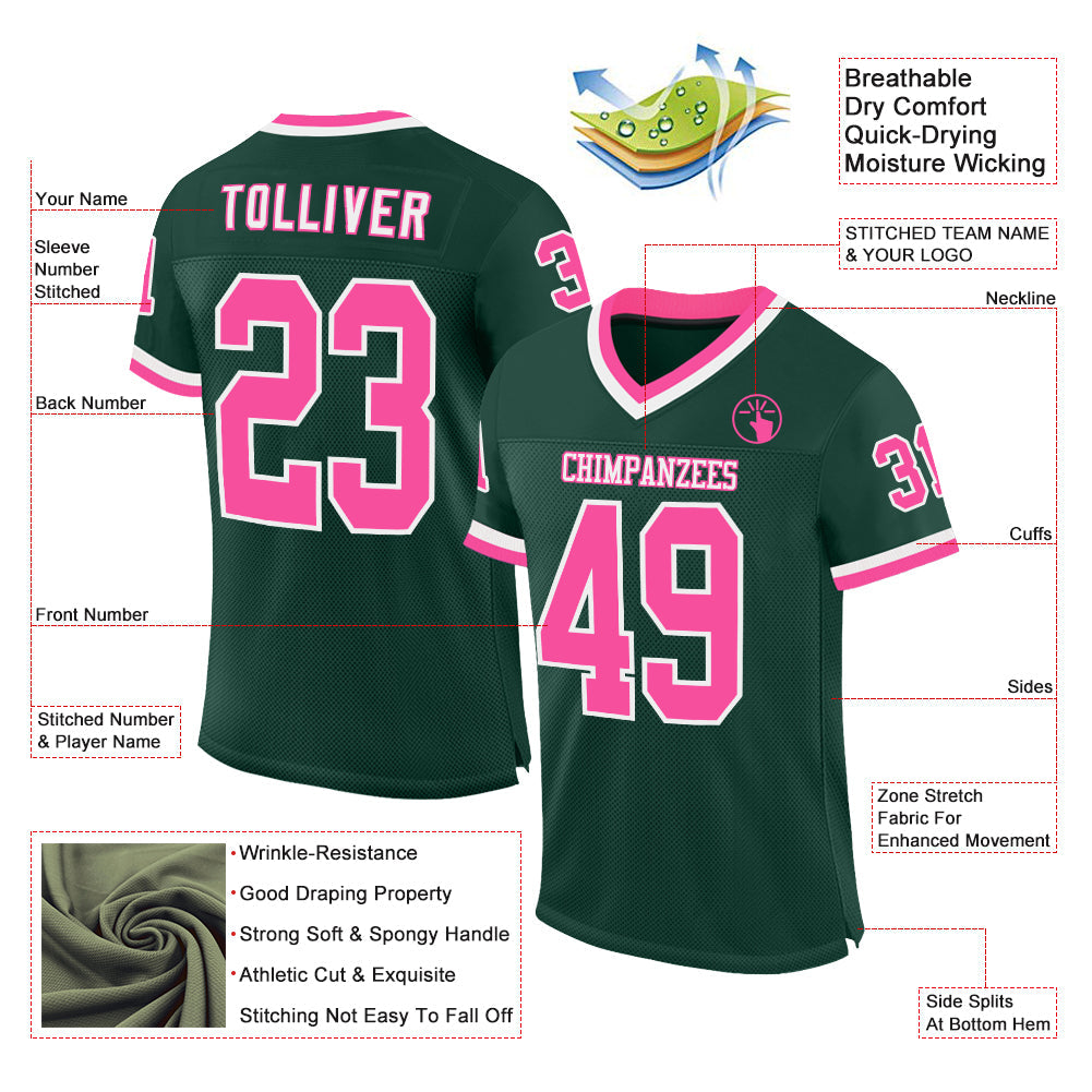 Custom Green Pink-White Mesh Authentic Throwback Football Jersey view 2