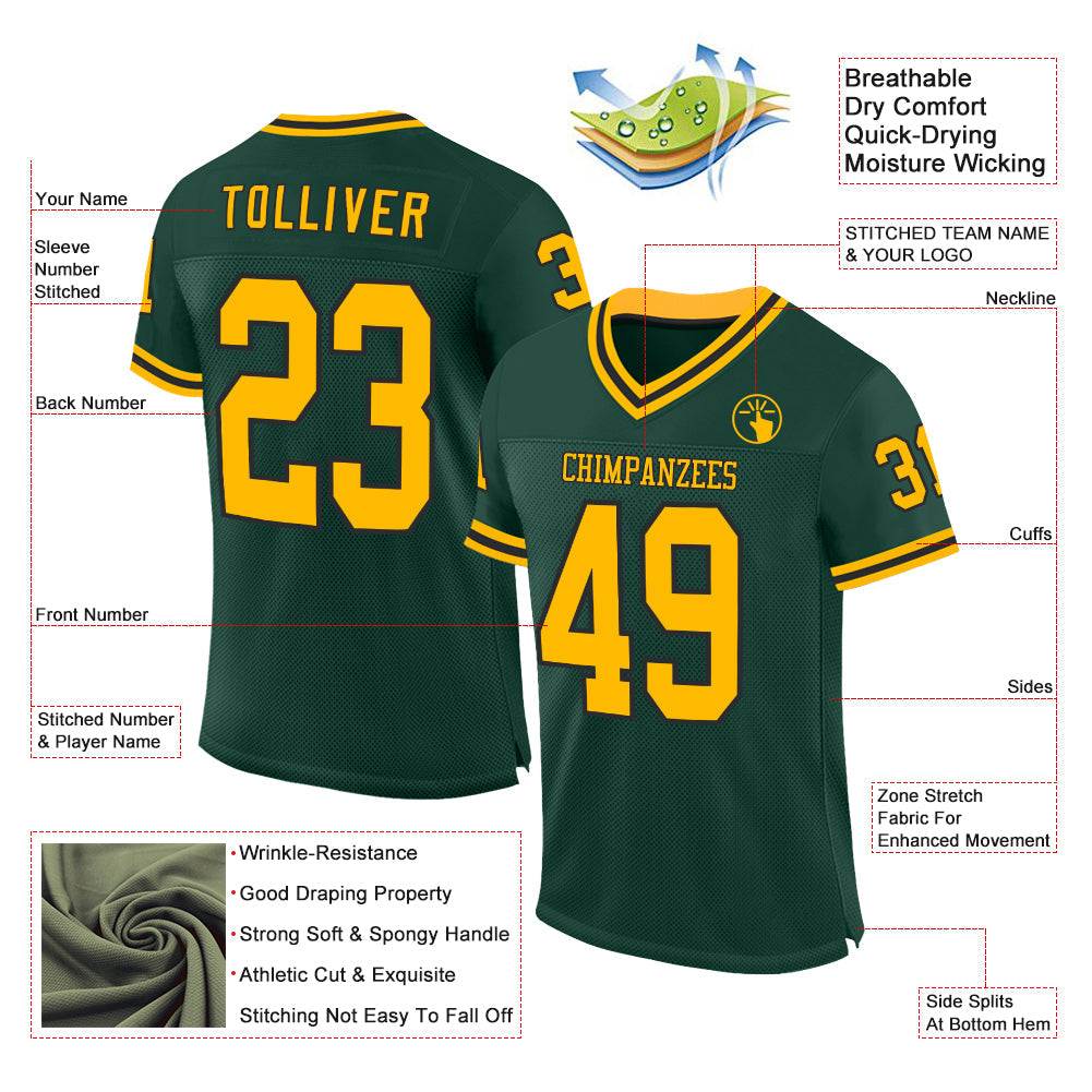Custom Green Gold-Black Mesh Authentic Throwback Football Jersey view 2