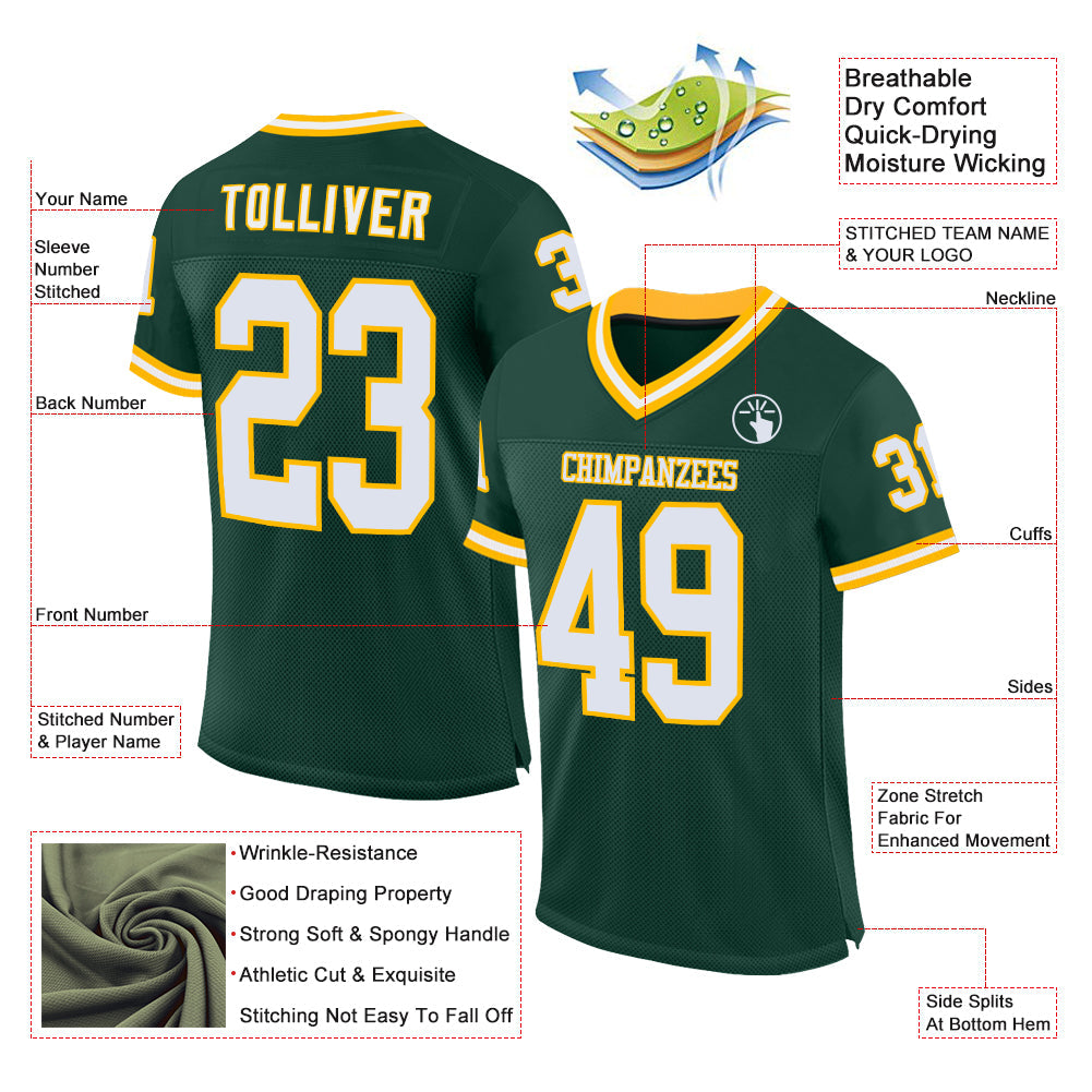 Custom Green White-Gold Mesh Authentic Throwback Football Jersey view 2