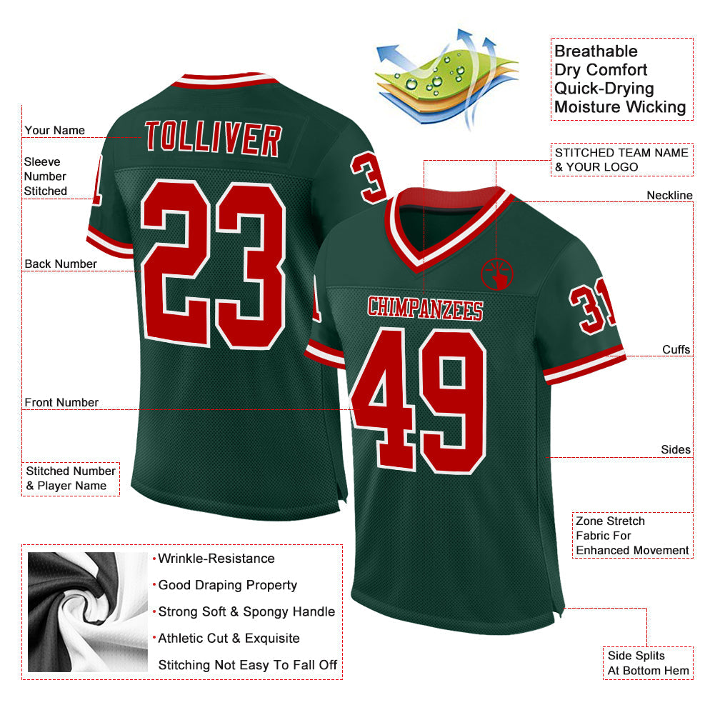 Custom Green Red-White Mesh Authentic Throwback Football Jersey view 2