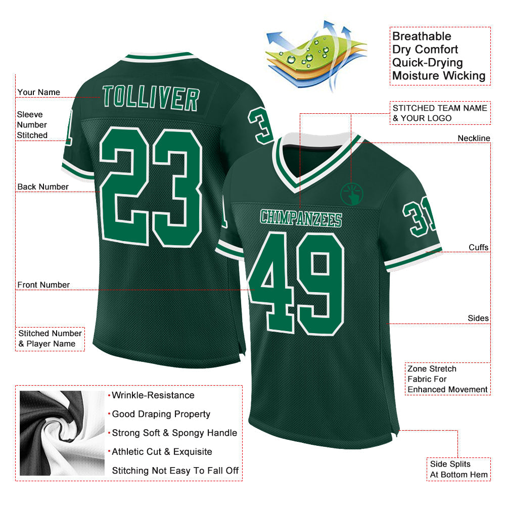 Custom Green Kelly Green-White Mesh Authentic Throwback Football Jersey view 2
