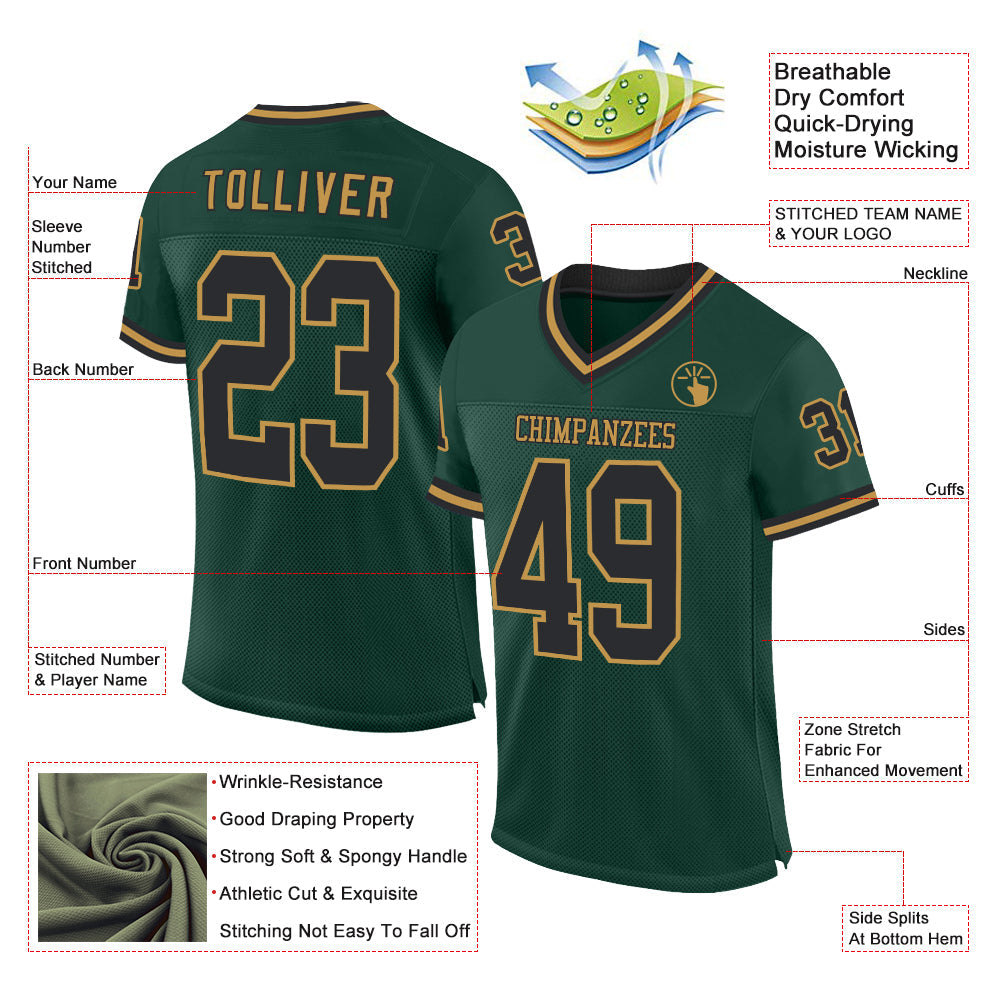 Custom Green Black-Old Gold Mesh Authentic Throwback Football Jersey view 2