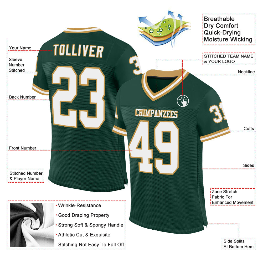 Custom Green White-Old Gold Mesh Authentic Throwback Football Jersey view 2