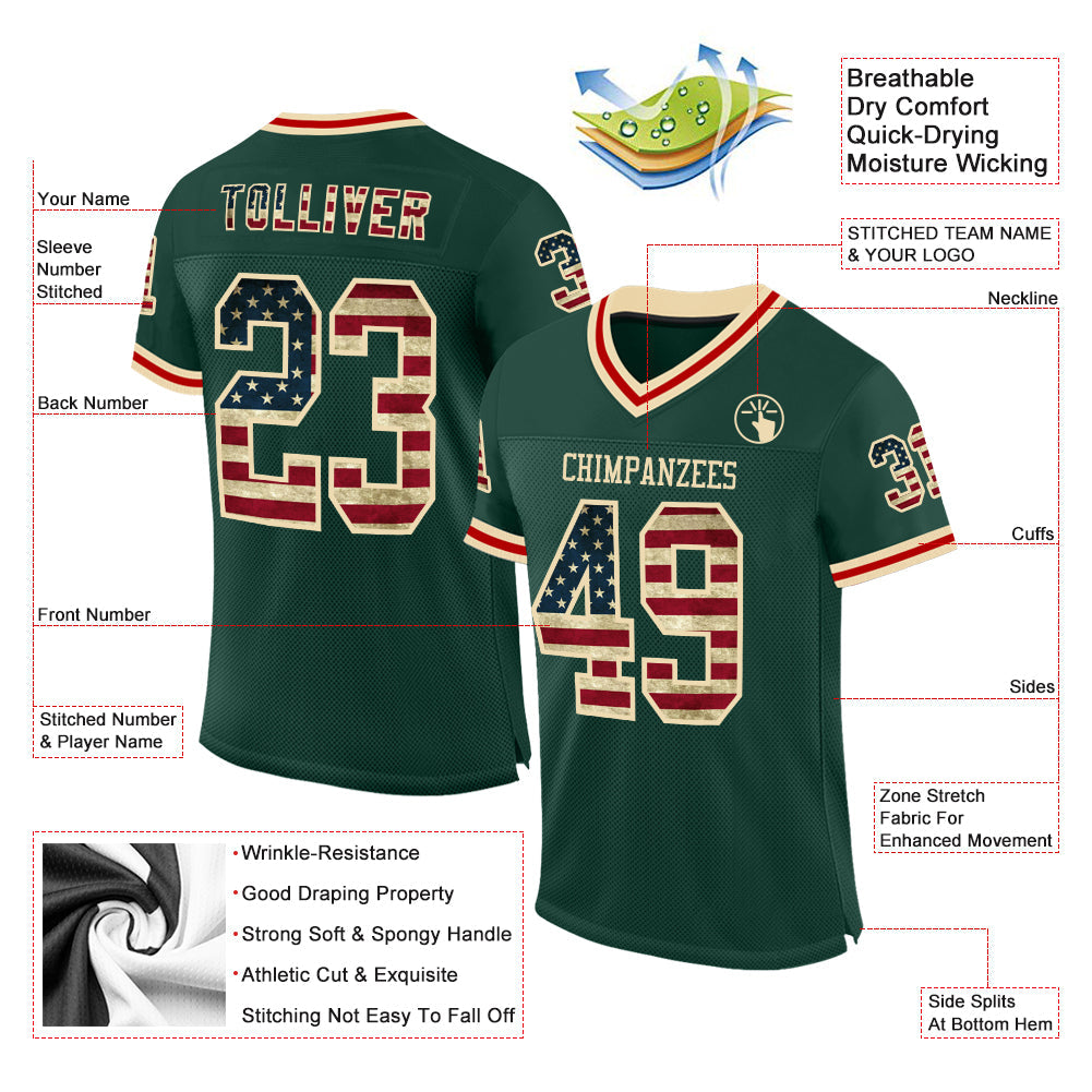 Custom Green Vintage USA Flag Cream-Red Mesh Authentic Throwback Football Jersey view 2