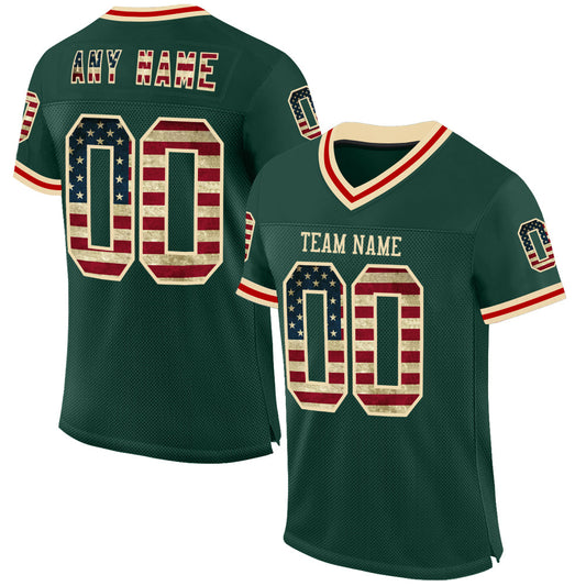 Custom Green Vintage USA Flag Cream-Red Mesh Authentic Throwback Football Jersey - Main View