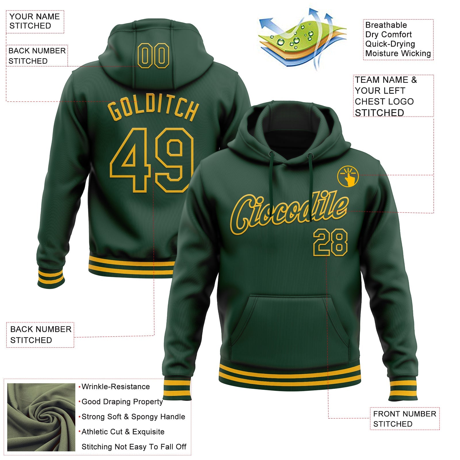 Custom Stitched Green Gold Sports Pullover Sweatshirt Hoodie view 3