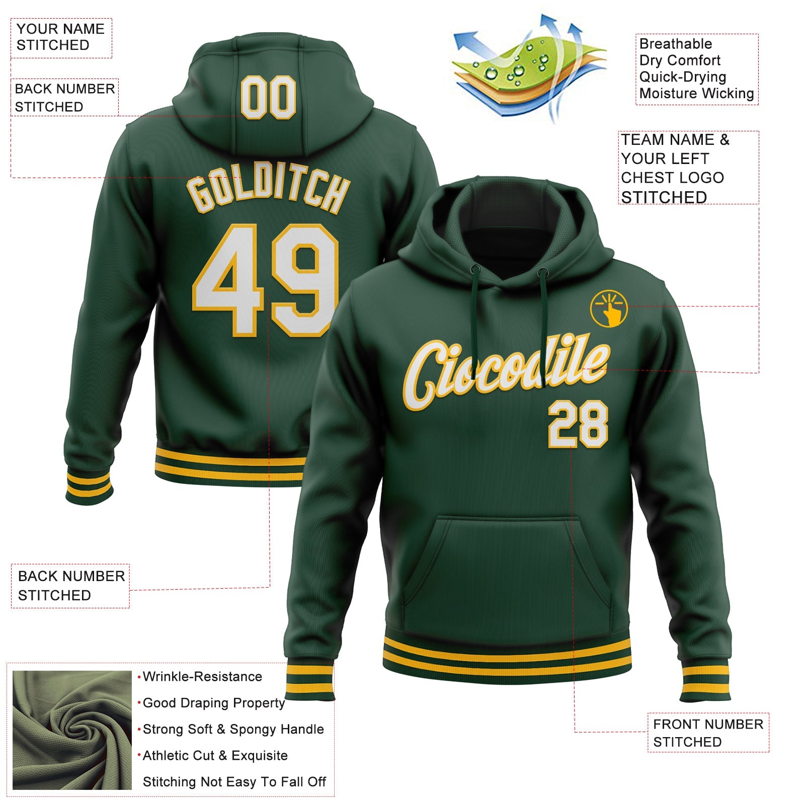 Custom Stitched Green White-Gold Sports Pullover Sweatshirt Hoodie view 3