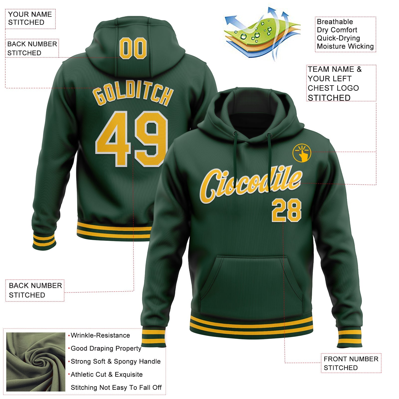 Custom Stitched Green Gold-White Sports Pullover Sweatshirt Hoodie view 3