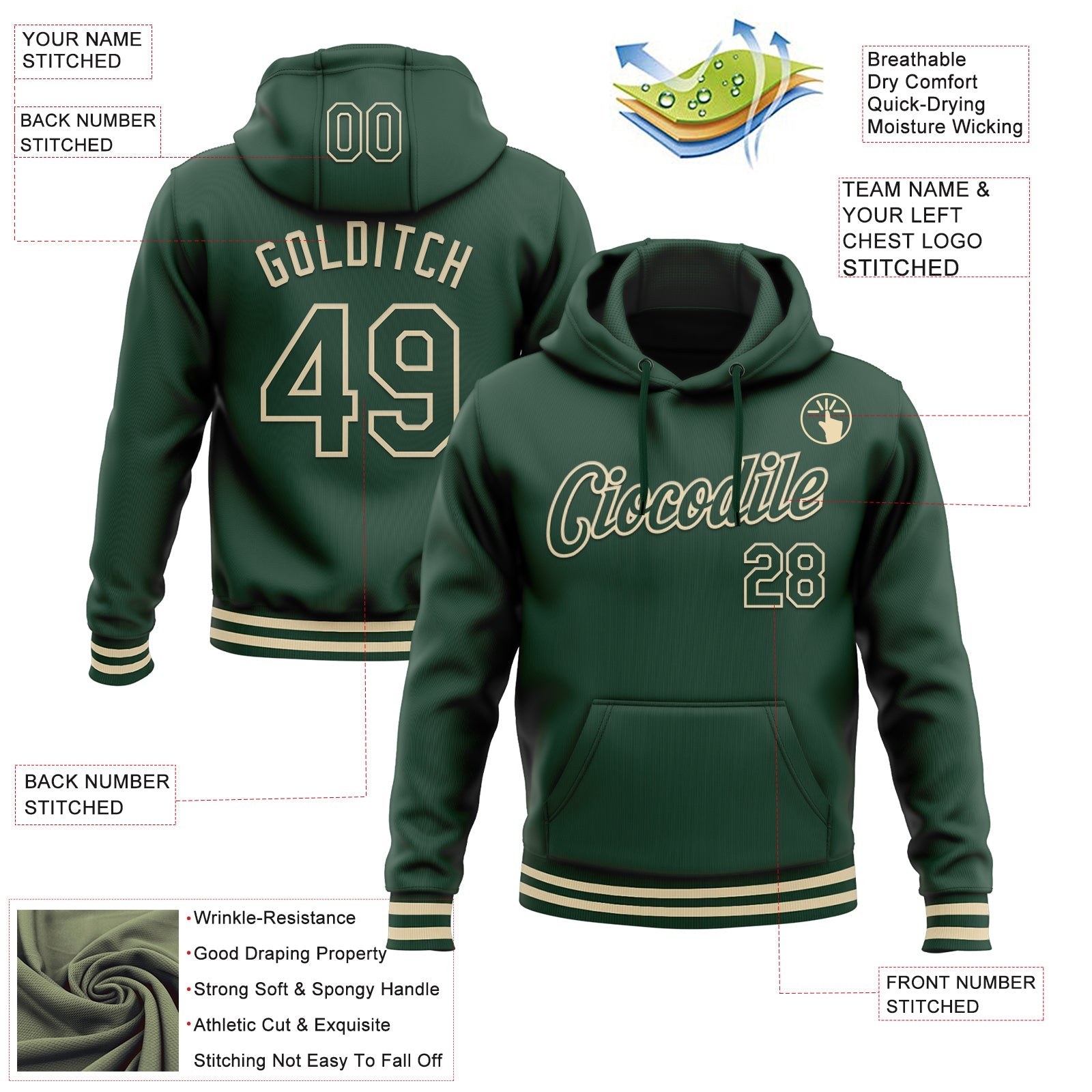 Custom Stitched Green Cream Sports Pullover Sweatshirt Hoodie view 3