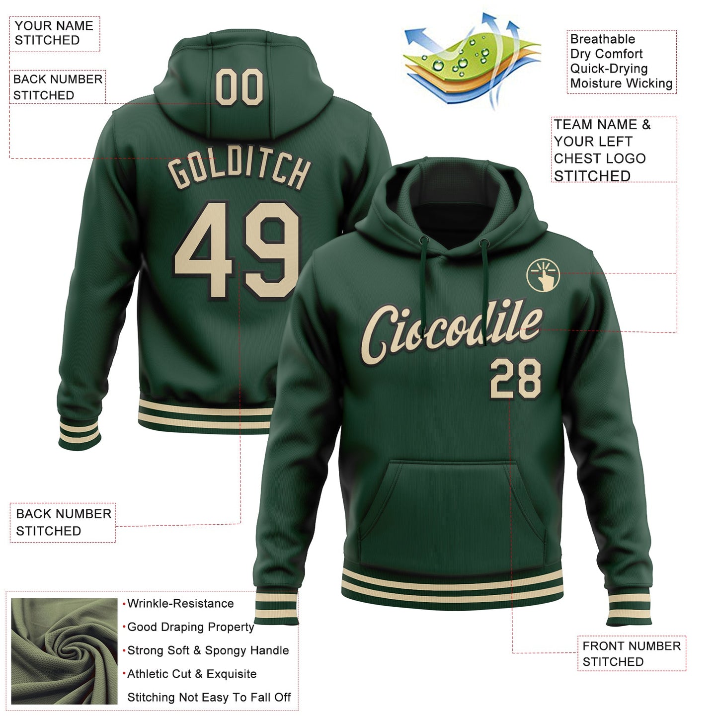 Custom Stitched Green Cream-Black Sports Pullover Sweatshirt Hoodie view 3