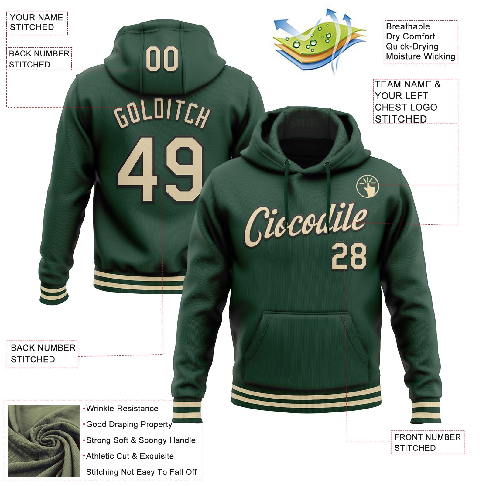 Custom Stitched Green Cream-Black Sports Pullover Sweatshirt Hoodie view 3