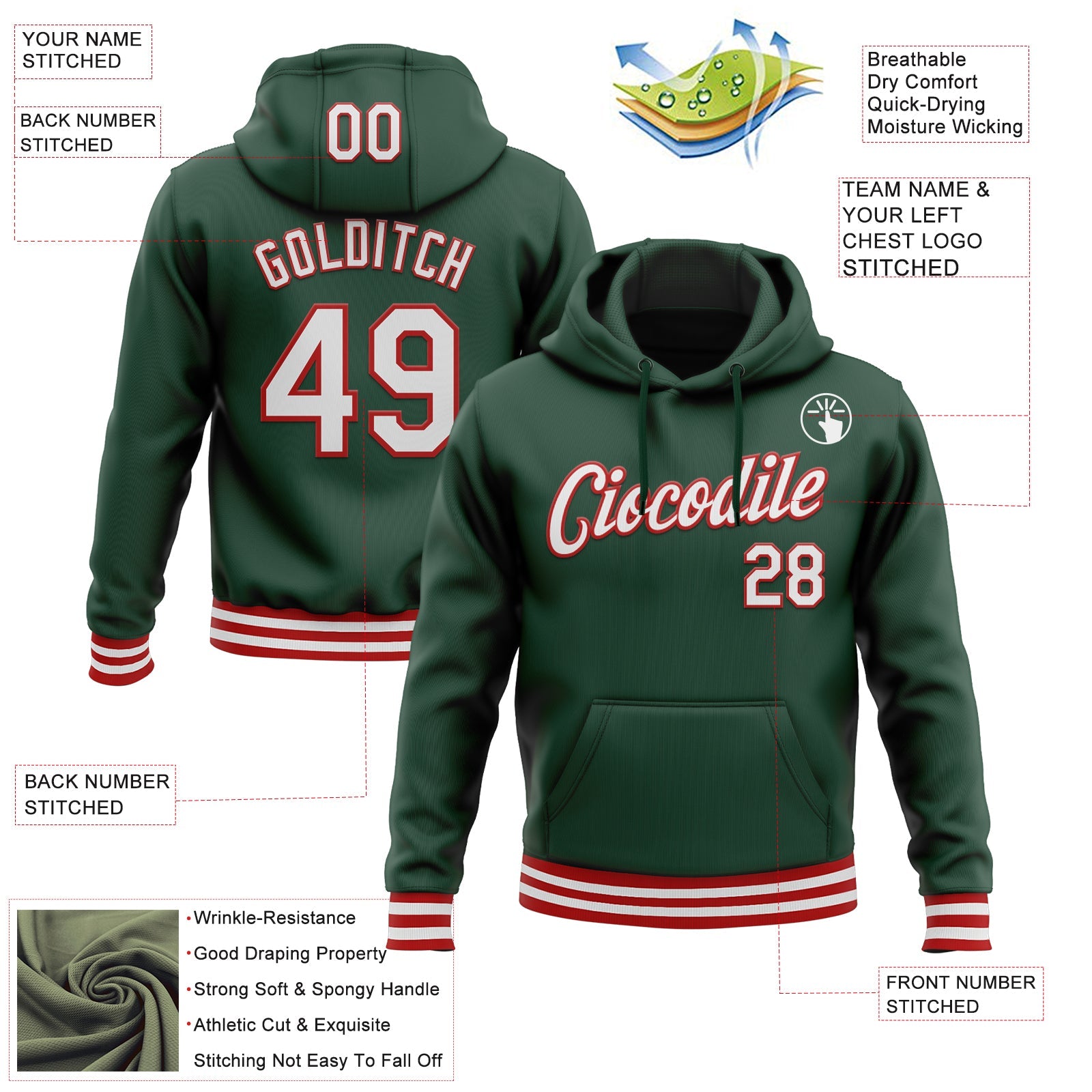 Custom Stitched Green White-Red Sports Pullover Sweatshirt Hoodie view 3
