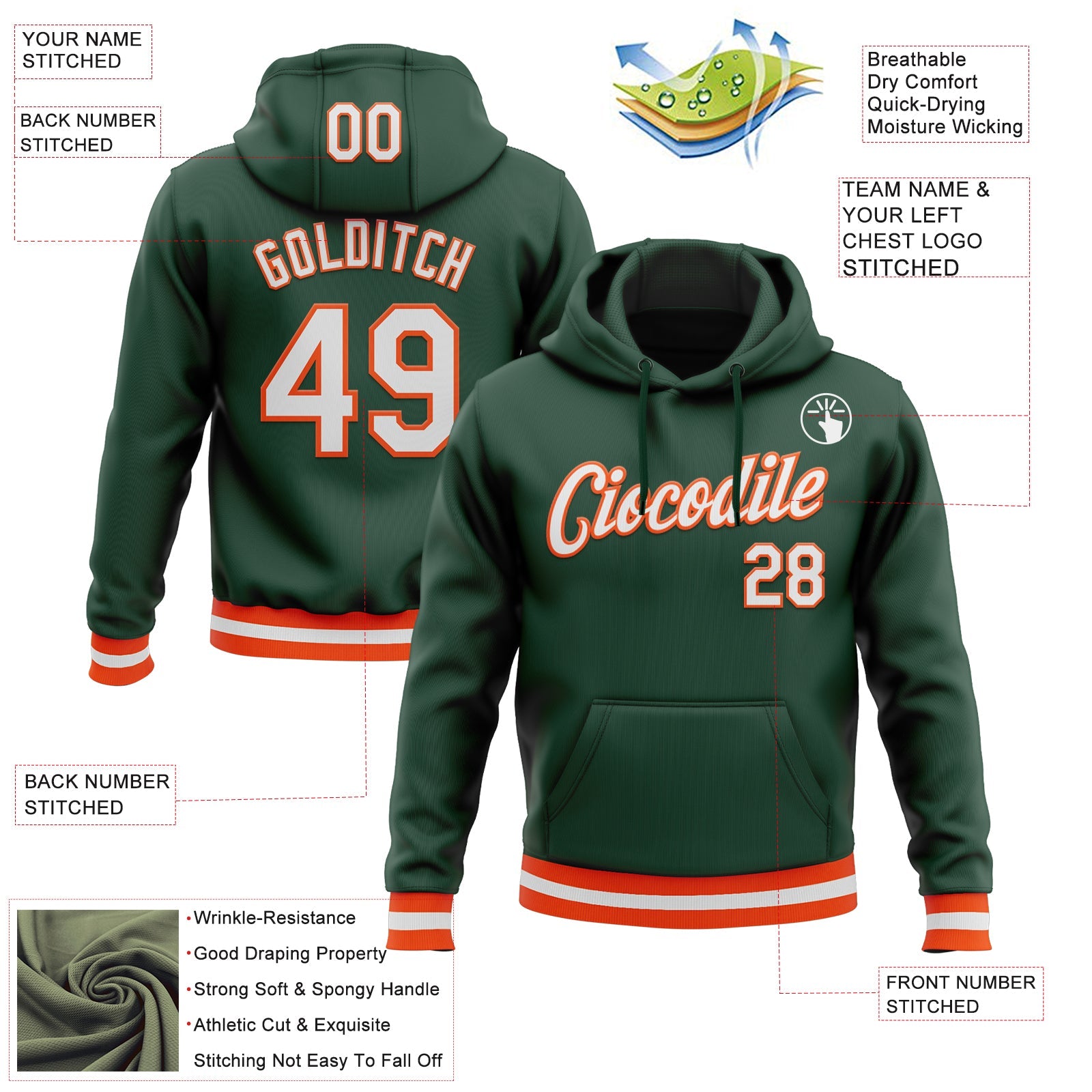Custom Stitched Green White-Orange Sports Pullover Sweatshirt Hoodie view 3