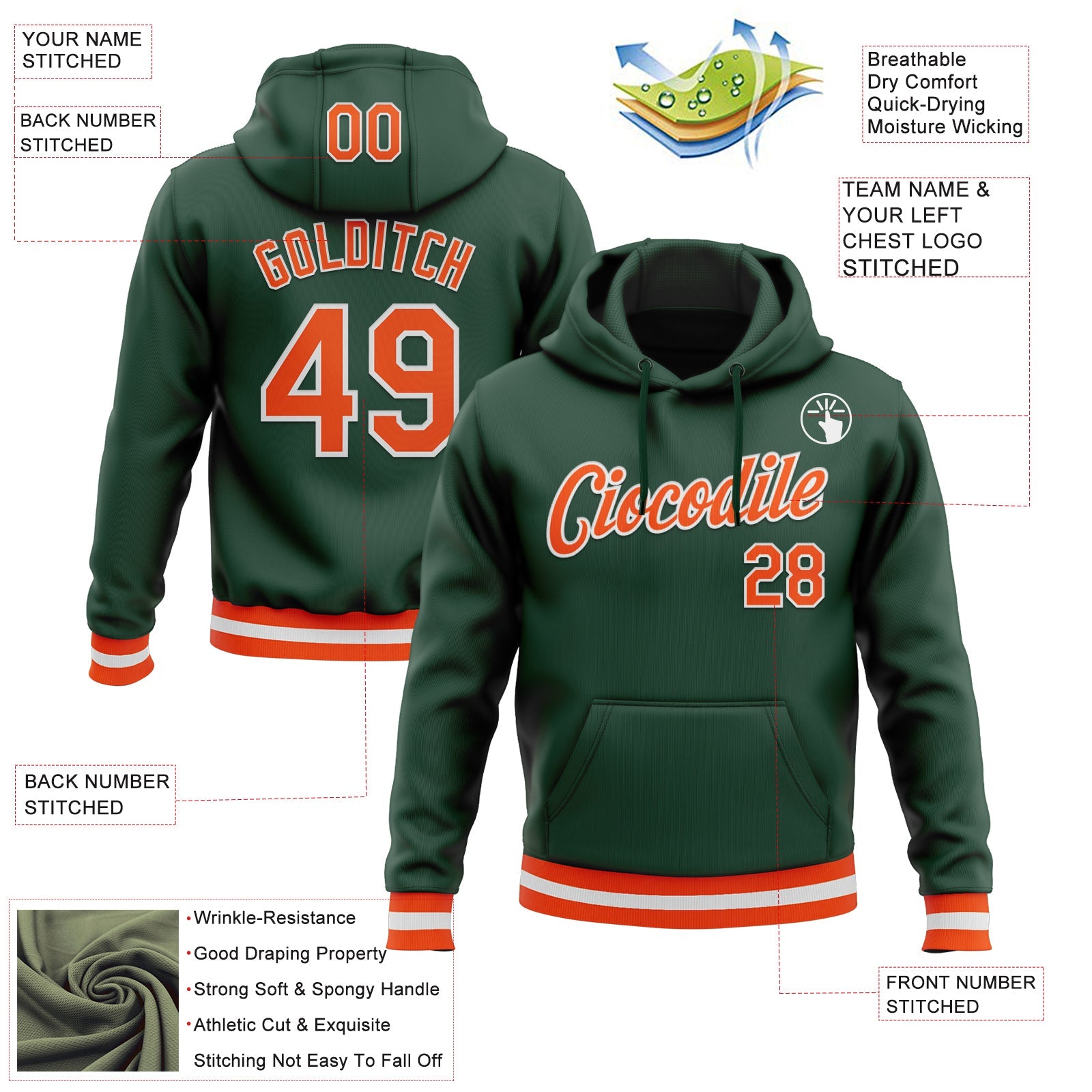 Custom Stitched Green Orange-White Sports Pullover Sweatshirt Hoodie view 3