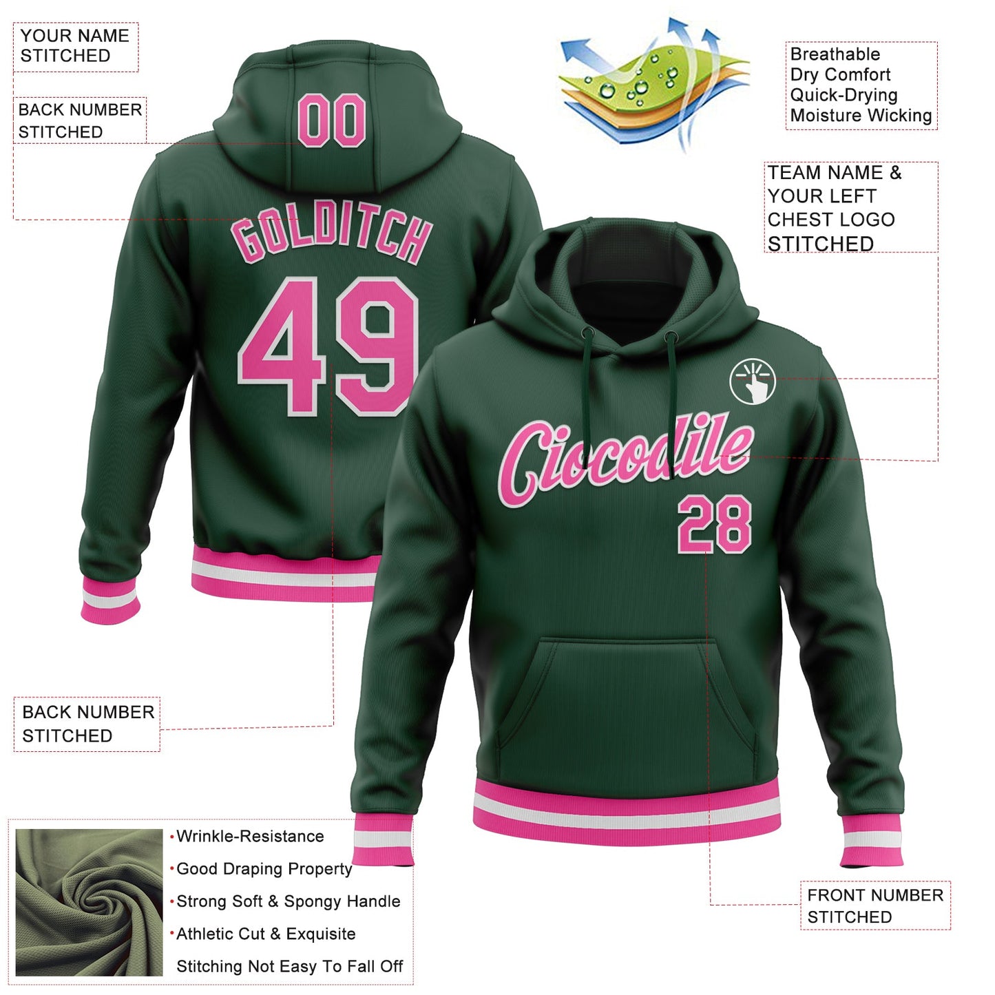 Custom Stitched Green Pink-White Sports Pullover Sweatshirt Hoodie view 3