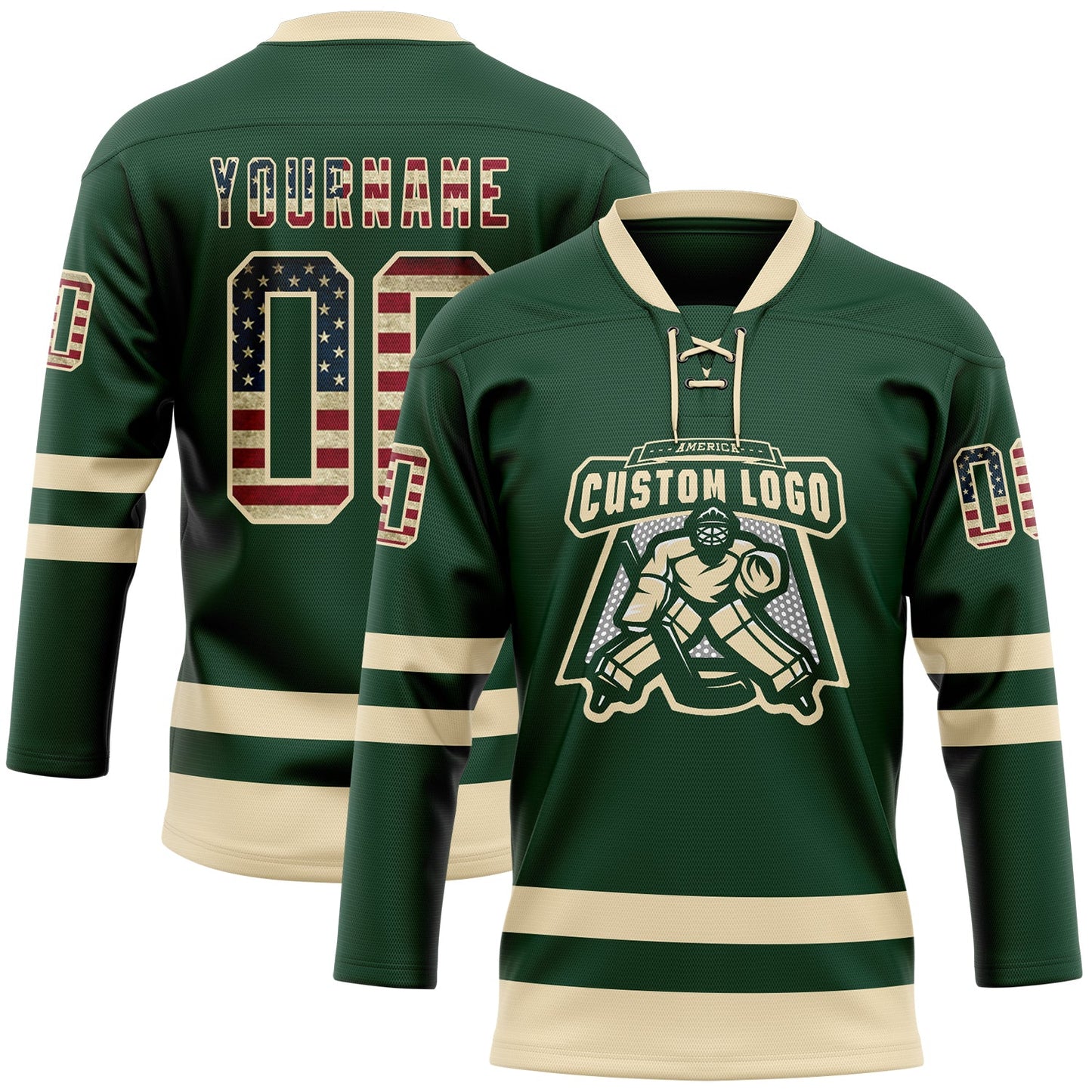 Custom Green Vintage USA Flag-Cream Hockey Lace Neck Jersey view 2