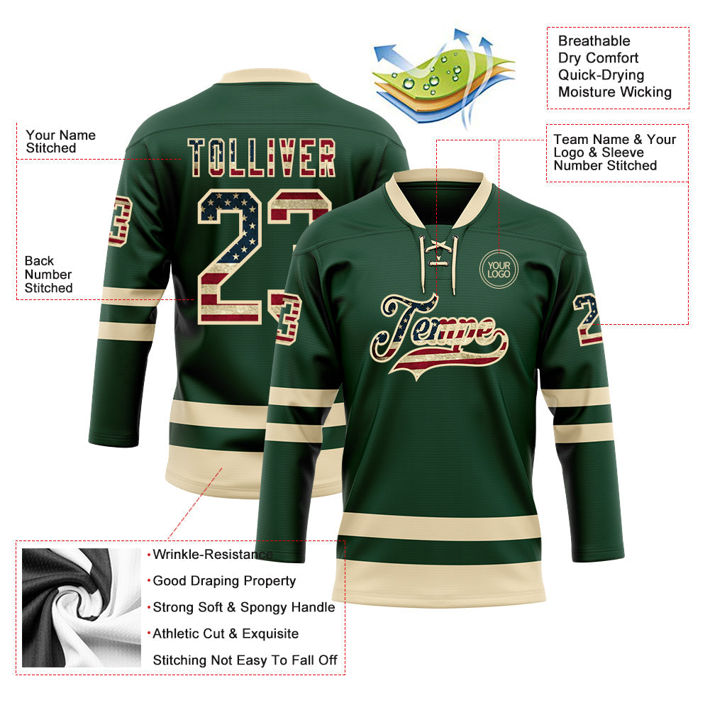 Custom Green Vintage USA Flag-Cream Hockey Lace Neck Jersey view 3