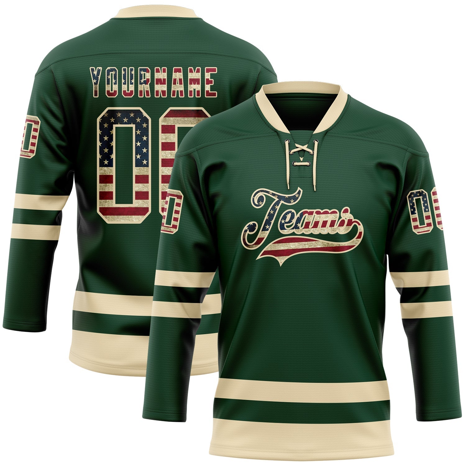 Custom Green Vintage USA Flag-Cream Hockey Lace Neck Jersey - Main View