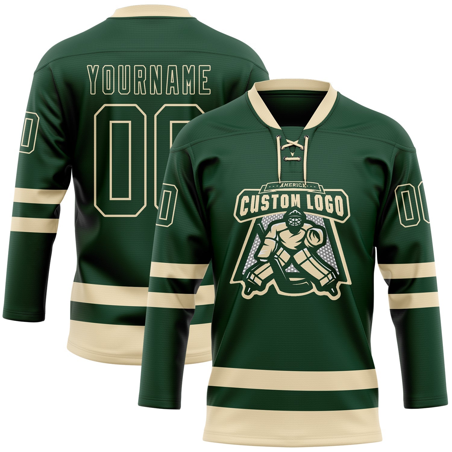 Custom Green Cream Hockey Lace Neck Jersey view 2
