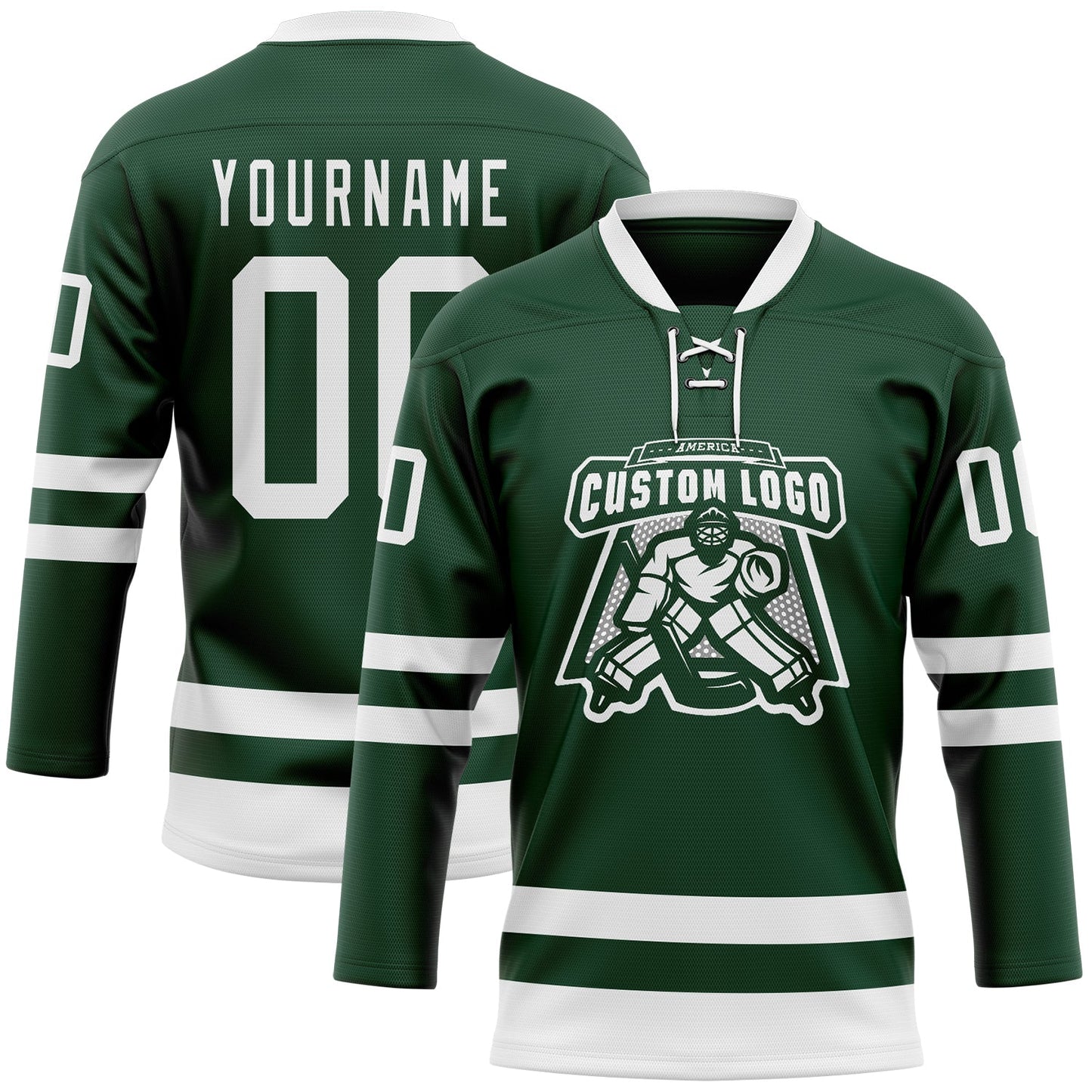Custom Green White Hockey Lace Neck Jersey view 2