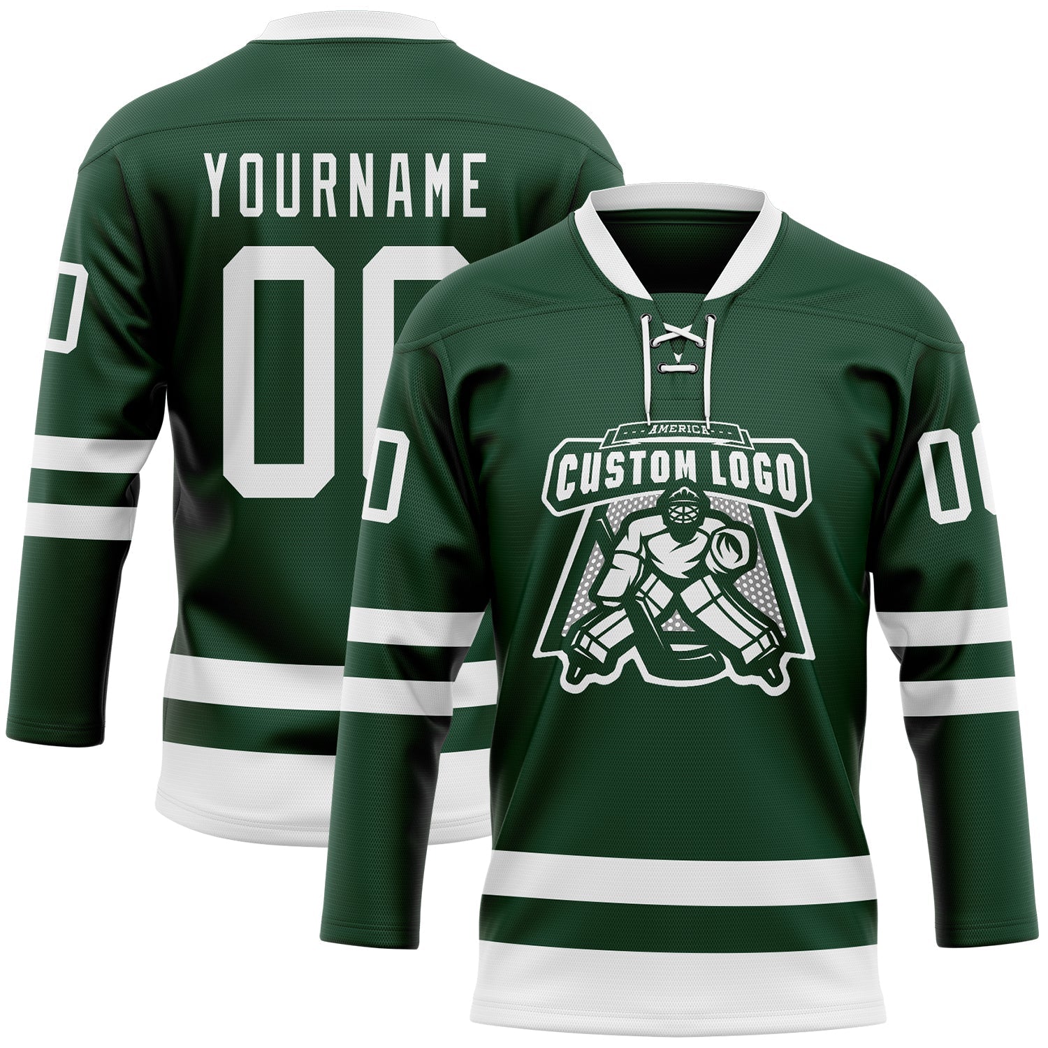 Custom Green White Hockey Lace Neck Jersey view 2